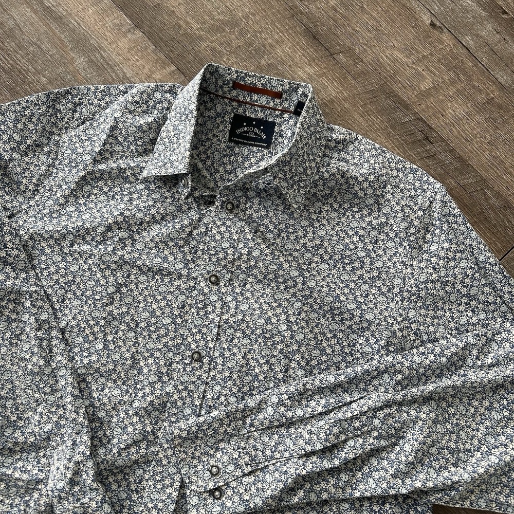 Indigo Palms Tommy Bahama Shirt Men Size Large Blue Floral Button Up Resort